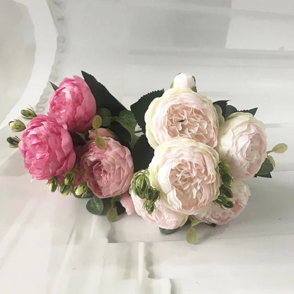 Hot Selling 1pcs/30cm Rose Pink Silk Bouquet Peony Artificial Flower 5 Big Head 4 Small Bud Bride Wedding Home Decoration Artifi - flowers