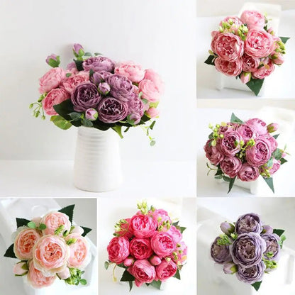 Hot Selling 1pcs/30cm Rose Pink Silk Bouquet Peony Artificial Flower 5 Big Head 4 Small Bud Bride Wedding Home Decoration Artifi - flowers