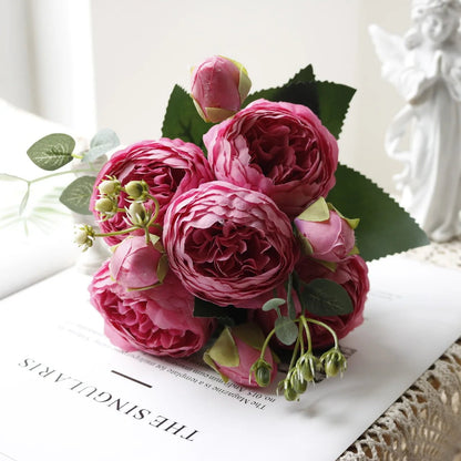 Hot Selling 1pcs/30cm Rose Pink Silk Bouquet Peony Artificial Flower 5 Big Head 4 Small Bud Bride Wedding Home Decoration Artifi - flowers