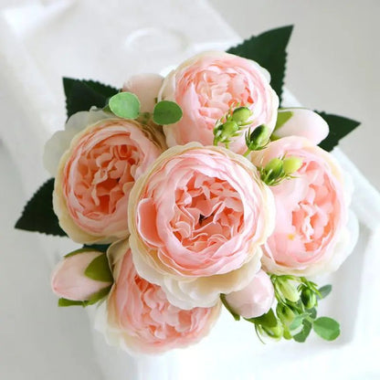 Hot Selling 1pcs/30cm Rose Pink Silk Bouquet Peony Artificial Flower 5 Big Head 4 Small Bud Bride Wedding Home Decoration Artifi - flowers